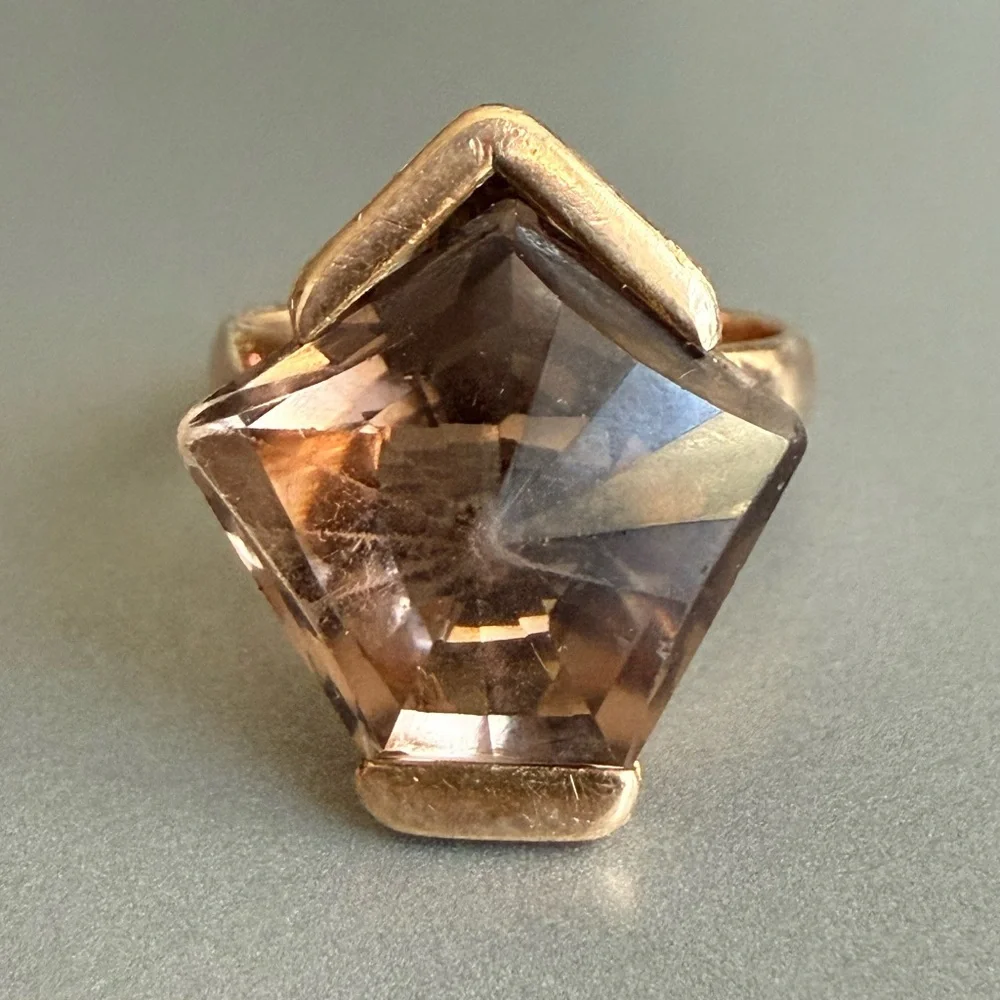 Estate Solid 14k Rose Gold Smoky Topaz Geometric Modernist Vintage Cockt…